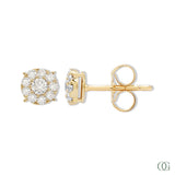 A pair of dainty round diamond earrings with a gold band and a clear, encrusted in diamonds design.