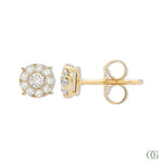 A pair of dainty round diamond earrings with a gold band and a clear, encrusted in diamonds design.