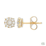 A pair of dainty round diamond earrings with a gold-tone band and a total weight of 0.45 carats.