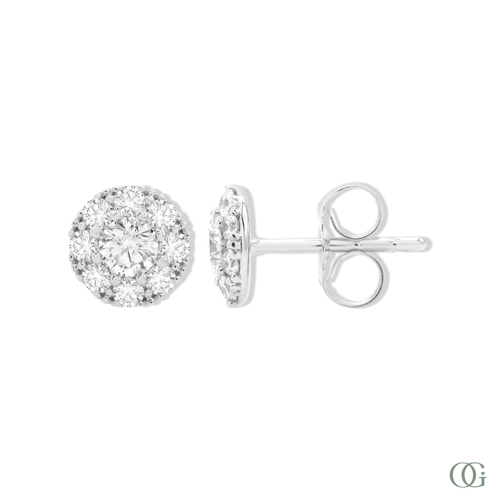 White gold earrings with clear gemstones on a white background