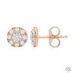Rose gold earrings with diamond accents on a white background