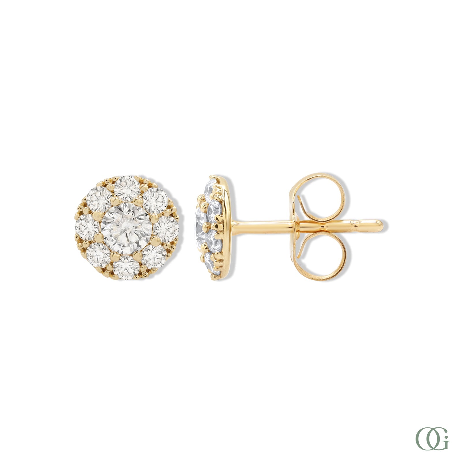 A pair of sparkling round diamond earrings with a gold-tone band and white gold mounting.