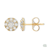 A pair of sparkling round diamond stud earrings with a gold band and smaller round diamonds around the main studs.