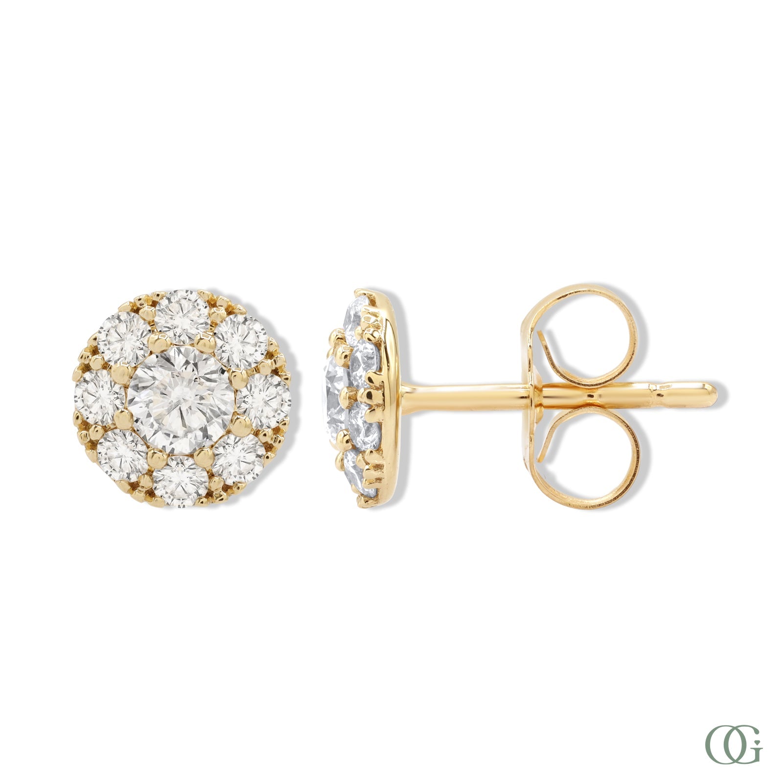 A pair of sparkling round diamond stud earrings with a gold band and smaller round diamonds around the main studs.